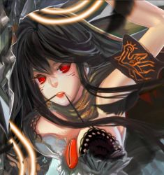 Rule 34 | 1girl, alternate costume, ameru.miro, bad id, bad pixiv id, bare shoulders, black bra, black hair, bra, bra in mouth, breasts, clothes in mouth, female focus, lips, lipstick, long hair, looking at viewer, makeup, mouth hold, red eyes, reiuji utsuho, scarf, solo, touhou, underwear, upper body