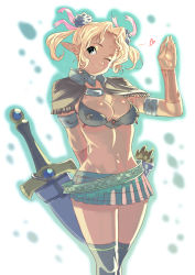 Rule 34 | 1girl, armlet, arrow (projectile), baba arumi, blonde hair, bracer, character request, elf, facial mark, fringe trim, one eye closed, original, pointy ears, quiver, skirt, smile, solo, sword, thighhighs, twintails, weapon, wink