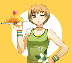 Rule 34 | 1girl, :o, atlus, brown eyes, brown hair, camisole, chan co, choker, food, one eye closed, persona, persona 4, satonaka chie, short hair, solo, wink, wristband