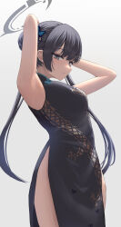 Rule 34 | 1girl, armpits, arms up, bare arms, bare shoulders, black dress, black hair, blue archive, china dress, chinese clothes, closed mouth, commentary, double bun, dress, grey background, grey eyes, hair bun, hair ornament, halo, highres, kisaki (blue archive), long hair, silver bullet (ecc12 8), simple background, solo, twintails
