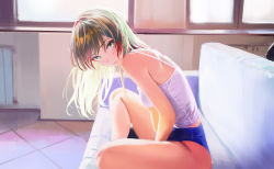 Rule 34 | 1girl, absurdres, bare shoulders, blue shorts, brown hair, closed mouth, couch, highres, leaning forward, long hair, looking at viewer, multicolored hair, nababa, original, short shorts, shorts, sitting, streaked hair, tank top, thighs, tile floor, tiles, white tank top, window