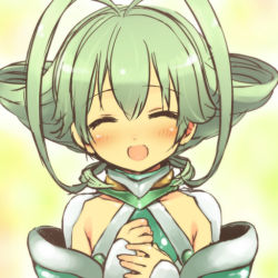 Rule 34 | 1girl, antenna hair, ar tonelico, ar tonelico ii, bad id, bad pixiv id, blush, closed eyes, frelia (ar tonelico), frelia ansul solmarta, green hair, gust, open mouth, own hands together, portrait, solo, utsugi (skydream), yellow background