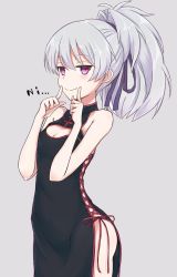 Rule 34 | 1girl, bare arms, bare shoulders, black dress, breasts, cleavage, cleavage cutout, closed mouth, clothing cutout, commentary request, darker than black, dress, fingersmile, grey background, hair ribbon, high ponytail, highres, long hair, looking at viewer, no panties, nonono (mino), ponytail, purple eyes, purple ribbon, ribbon, side-tie costume, side slit, silver hair, simple background, sleeveless, sleeveless dress, small breasts, smug, solo, yin (darker than black)