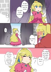 Rule 34 | 2girls, blush, blush stickers, bowsette, comic, crown, curtains, dress, earrings, english text, engrish text, jewelry, long hair, mario (series), multiple girls, new super mario bros. u deluxe, nintendo, princess peach, ranguage, sesield, super crown, under covers, window