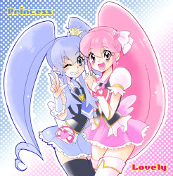 Rule 34 | 10s, 2girls, aino megumi, black thighhighs, blue background, blue eyes, blue hair, blue legwear, blue skirt, blush, boots, bow, brooch, character name, crown, cure lovely, cure princess, earrings, english text, gradient background, hair ornament, happinesscharge precure!, happy, heart, heart brooch, heart hair ornament, jewelry, long hair, looking at viewer, magical girl, mile, multiple girls, one eye closed, open mouth, pink background, pink bow, pink eyes, pink hair, pink skirt, polka dot, polka dot background, ponytail, precure, puffy sleeves, ramune02, shirayuki hime, shirt, skirt, smile, thigh boots, thighhighs, thighs, twintails, v, wide ponytail, wink, wrist cuffs, zettai ryouiki