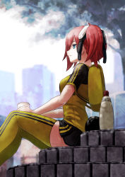 Rule 34 | 1girl, aiba ami, backpack, bag, black skirt, blue eyes, city, cup, day, digimon, digimon story: cyber sleuth, fence, from side, goggles, goggles on head, gouxiong, highres, holding, holding cup, mayonnaise, microskirt, outdoors, raglan sleeves, red hair, shirt, short hair, side ponytail, sitting, skirt, smile, solo, thighhighs, tree, yellow shirt, yellow thighhighs
