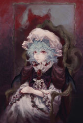 Rule 34 | 1girl, absurdres, bat wings, blue hair, brooch, cape, chinese commentary, closed mouth, commentary, dress, expressionless, fingernails, frilled dress, frilled sleeves, frills, hair between eyes, hat, highres, jewelry, lips, long sleeves, looking at viewer, messy hair, mob cap, nail polish, red cape, red eyes, red nails, regen (gp2yt17), remilia scarlet, short hair, sitting, solo, throne, touhou, white dress, white hat, wide sleeves, wings