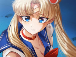 Rule 34 | 1girl, bare shoulders, bishoujo senshi sailor moon, blonde hair, blue eyes, blue sailor collar, blush, bow, bowtie, breasts, choker, cleavage, clenched teeth, cluseller, collarbone, crescent, crescent earrings, derivative work, earrings, eyelashes, fang, female focus, from side, hair ornament, heart, heart choker, jewelry, meme, parted bangs, parted lips, red bow, red bowtie, red choker, sailor collar, sailor moon, sailor moon redraw challenge (meme), school uniform, screenshot redraw, serafuku, solo, teeth, tiara, tsukino usagi, twintails, twitter username, upper body