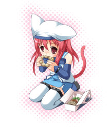 Rule 34 | animal ears, child, detached sleeves, doughnut, eating, food, kanna hisashi, red eyes, red hair, skirt, solo, tail, thighhighs