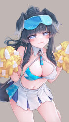 Rule 34 | 1girl, absurdres, animal ears, bare shoulders, black hair, blue archive, blue eyes, blue skirt, blush, breasts, cheerleader, cleavage, collarbone, cowboy shot, crop top, dog ears, dog girl, dog tail, eyewear on head, grey background, hair between eyes, hibiki (blue archive), hibiki (cheer squad) (blue archive), highres, holding, holding pom poms, large breasts, leaning forward, long hair, looking at viewer, midriff, millennium cheerleader outfit (blue archive), miniskirt, navel, necktie, official alternate costume, paid reward available, pom pom (cheerleading), pom poms, ponytail, shirt, sidelocks, simple background, skirt, sleeveless, solo, standing, stomach, tail, thighs, wakaba (945599620), wavy mouth, white skirt
