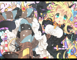 Rule 34 | 1girl, :o, animal ears, aqua eyes, black cat, blonde hair, blurry, blush, boots, bow, brown footwear, buttons, candy, candy cane, cape, cat, cat ears, cat tail, checkerboard cookie, cookie, cross-laced footwear, curly hair, depth of field, dress, floating, food, frills, hair bow, halloween, hat, highres, jelly bean, lace-up boots, leather, leather boots, letterboxed, long hair, looking at viewer, multicolored clothes, multicolored legwear, multicolored nails, nail polish, original, pantyhose, patterned legwear, polka dot, polka dot legwear, puffy short sleeves, puffy sleeves, ribbon, short sleeves, striped clothes, striped pantyhose, surprised, sweets, tail, thumbprint cookie, toujou sakana, witch, witch hat, wrist cuffs, yellow eyes