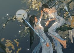 Rule 34 | 2girls, artist request, back cutout, backlighting, barefoot, bracelet, branch, closed mouth, clothing cutout, dress, dual persona, falling petals, flower, hair bun, hair ornament, hand in another&#039;s hair, highres, holding, holding sword, holding weapon, jewelry, long sleeves, lu xueqi (zhu xian), moon, multiple girls, night, petals, reverse grip, second-party source, sitting, smile, sword, tiara, weapon, white dress, zhu xian