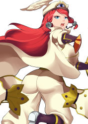 Rule 34 | 1girl, absurdres, arc system works, ass, blazblue, blue eyes, boots, breasts, cape, from behind, gloves, hair tubes, hat, highres, long hair, looking at viewer, military, military uniform, open mouth, red hair, solo, sword, tsubaki yayoi, uniform, weapon, yfstudio