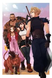 Rule 34 | 2girls, 3boys, absurdres, aerith gainsborough, armor, barret wallace, beard, beckey9415, belt, black hair, black thighhighs, blonde hair, blue eyes, boots, bracelet, braid, breasts, brown eyes, brown hair, buster sword, buzz cut, choker, cloud strife, cropped jacket, curly hair, dress, everyone, facial hair, feathers, fiery tail, final fantasy, final fantasy vii, final fantasy vii remake, finger in ear, fingerless gloves, gloves, green eyes, gun, highres, jacket, jewelry, large breasts, long dress, long hair, low-tied long hair, midriff, multiple boys, multiple girls, necklace, pink dress, red eyes, red fur, red jacket, red xiii, ribbon, scar, scar on face, short hair, shoulder armor, skirt, spiked hair, sports bra, square enix, suspender skirt, suspenders, tail, thighhighs, tifa lockhart, torn clothes, torn sleeves, turtleneck, very short hair, vest, walking, weapon, weapon on back, yellow eyes, zettai ryouiki