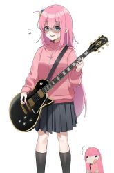 Rule 34 | 1girl, absurdres, bad id, bad twitter id, biya (1024), black socks, blue eyes, blush, bocchi the rock!, breasts, chibi, chibi inset, cube hair ornament, gotoh hitori, grey skirt, guitar, hair between eyes, hair ornament, highres, instrument, jacket, long hair, long sleeves, looking at viewer, medium breasts, one side up, open mouth, pink hair, pink jacket, pleated skirt, simple background, skirt, smile, socks, track jacket, white background