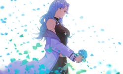 Rule 34 | 1girl, black pants, black shirt, blue flower, blue hair, breasts, commentary, floating, flower, from side, gradient hair, highres, holding, holding flower, jacket, jewelry, kuroi enpitsu, looking down, mamavale, medium breasts, multicolored hair, necklace, off shoulder, pants, petals, purple eyes, purple hair, purple jacket, shirt, sleeveless, sleeveless shirt, solo, symbol-only commentary, virtual youtuber, vshojo, white background