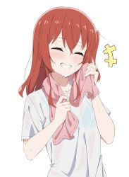 Rule 34 | 1girl, blue bra, blush, bocchi the rock!, bra, bra visible through clothes, closed eyes, commentary request, grin, highres, kita ikuyo, long hair, oyama natsuki, pink towel, red hair, see-through, shirt, side ponytail, simple background, smile, solo, towel, underwear, upper body, white background, white shirt