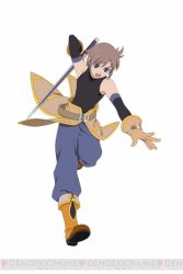 Rule 34 | 1boy, bare shoulders, blue eyes, boots, bracelet, brown hair, gloves, jewelry, male focus, open mouth, ryuka (tales), simple background, solo, sword, tales of (series), tales of link, teeth, weapon, white background
