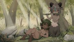 Rule 34 | 2boys, absurdres, animal ears, ass, barefoot, chinese commentary, clover, commentary request, dappled sunlight, day, dirty, dirty feet, eyes visible through hair, flute, forest, goat boy, goat ears, grass skirt, green hair, hair between eyes, highres, holding, holding instrument, horns, instrument, light rays, looking at viewer, male focus, mud, multiple boys, music, nature, navel, omurice (roza4957), on person, original, outdoors, plant, playing instrument, rock, scenery, sleeping, sunlight, topless male, vines, yellow eyes