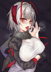 Rule 34 | 1girl, absurdres, ahoge, arknights, bad id, bad pixiv id, black background, black gloves, black jacket, black scarf, blush, breast hold, breasts, breath, chinese commentary, covered erect nipples, cowboy shot, fellatio gesture, female focus, gloves, heart, heart-shaped pupils, highres, hongbaise raw, horns, jacket, large breasts, looking at viewer, multicolored hair, no bra, open clothes, open jacket, open mouth, orange eyes, red hair, scarf, shirt, short hair, silver hair, simple background, single glove, solo, streaked hair, sweat, symbol-shaped pupils, tongue, tongue out, two-tone hair, w (arknights), white shirt