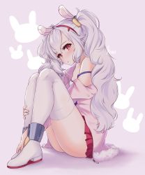 Rule 34 | 1girl, absurdres, animal ears, animal print, azur lane, collarbone, commentary, fake animal ears, full body, gloves, hairband, head tilt, highres, hugging own legs, jacket, laffey (azur lane), legs together, long hair, looking at viewer, looking to the side, maiini, parted lips, pleated skirt, rabbit background, rabbit ears, rabbit print, red eyes, red skirt, sidelocks, silver background, simple background, sitting, skirt, solo, thighhighs, twintails, white gloves, white hair, zettai ryouiki
