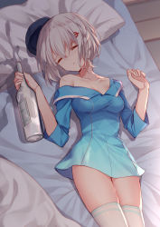 Rule 34 | 1girl, bare shoulders, bed, bison cangshu, blanket, blue dress, blue hat, blurry, bottle, braid, breasts, closed eyes, closed mouth, collarbone, cowboy shot, depth of field, dress, drunk, facing viewer, hair ornament, hairclip, hands up, hat, head tilt, highres, holding, holding bottle, lying, medium breasts, on back, on bed, pillow, sake bottle, short hair, short sleeves, silver hair, sleeping, solo, sovetsky soyuz (warship girls r), thighhighs, warship girls r, white thighhighs, zettai ryouiki