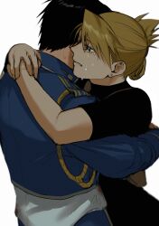 Rule 34 | 1boy, 1girl, absurdres, arms around neck, black hair, black shirt, blonde hair, blue jacket, brown eyes, clenched teeth, crying, earrings, fullmetal alchemist, highres, hug, jacket, jewelry, long sleeves, military, military jacket, military uniform, ozaki (tsukiko3), parted lips, riza hawkeye, roy mustang, shirt, short hair, short sleeves, tears, teeth, tight clothes, tight shirt, turtleneck, uniform, updo, upper body, white background