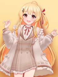 Rule 34 | 1girl, ahoge, blonde hair, brown dress, brown sailor collar, collared dress, collared jacket, commentary, cowboy shot, double-parted bangs, dress, fortissimo, frilled sailor collar, frills, hair between eyes, hair ornament, hair ribbon, hands up, highres, hololive, hololive dev is, jacket, light blush, long hair, long sleeves, looking at viewer, musical note, musical note hair ornament, neck ribbon, nokonata, one side up, open clothes, open jacket, open mouth, otonose kanade, piano keys, piano print, plaid, plaid dress, puffy long sleeves, puffy sleeves, red eyes, red ribbon, ribbon, sailor collar, shirt, simple background, solo, teeth, thighs, upper teeth only, virtual youtuber, white jacket, white shirt, yellow background