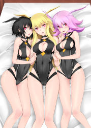Rule 34 | 3girls, black hair, black one-piece swimsuit, blonde hair, blush, breasts, fate/grand order, fate (series), head wings, highres, hildr (fate), hildr (swimsuit assassin) (fate), large breasts, long hair, looking at viewer, multiple girls, one-piece swimsuit, open mouth, ortlinde (fate), ortlinde (swimsuit assassin) (fate), pink hair, red eyes, shirotsumekusa, short hair, sidelocks, smile, swimsuit, thighs, thrud (fate), thrud (swimsuit assassin) (fate), valkyrie (fate), wings