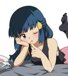 Rule 34 | 1girl, beanie, black legwear, black shirt, blue eyes, blue hair, commentary request, creatures (company), dawn (pokemon), finger to mouth, game freak, hair ornament, hat, index finger raised, looking at viewer, lying, nintendo, on stomach, one eye closed, pink skirt, pokemon, pokemon dppt, shirt, sidelocks, simple background, skirt, sleeveless, solo, suitenan, the pose, unworn hat, unworn headwear, white hat