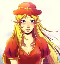Rule 34 | 1girl, blonde hair, blue eyes, blush, breasts, cleavage, dress, elf, grin, hat, long hair, looking at viewer, medium breasts, nintendo, open mouth, pointy ears, princess zelda, red dress, smile, solo, standing, the legend of zelda, the legend of zelda (nes), upper body, windy