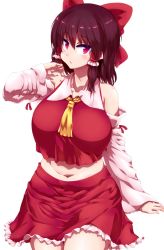 Rule 34 | 1girl, :o, ascot, bare shoulders, belly, blush, bow, breasts, brown hair, commentary, curvy, detached sleeves, hair bow, hair ribbon, hakurei reimu, highres, huge breasts, looking at viewer, midriff, navel, open mouth, plump, red eyes, ribbon, solo, tokyo (great akuta), touhou, tsurime, yellow ascot