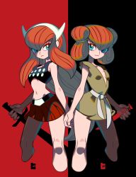 Rule 34 | 2girls, aqua eyes, cropped legs, expressionless, feet out of frame, highres, holding, holding knife, holding sword, holding weapon, knife, long hair, midriff, multiple girls, navel, original, pleated skirt, red hair, red skirt, shadow, skirt, sword, take (illustrator), very long hair, weapon
