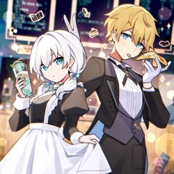 Rule 34 | 1boy, 1girl, apron, ars almal, black dress, black jacket, black pants, black vest, blonde hair, blue bow, blush, bow, bunny ears prank, butler, cafe, commentary request, cup, dress, eating, ex albio, food, formal, gloves, hair bow, holding, holding cup, ice cream, indoors, jacket, juliet sleeves, long hair, long sleeves, looking at viewer, low twintails, maid, mint chocolate, mint chocolate chip, nijisanji, pants, pizza, pizza slice, puffy sleeves, shirt, skirt hold, sparkle, suit, twintails, v, v-shaped eyebrows, vest, virtual youtuber, waist apron, waka (wk4444), white gloves, white hair, white shirt