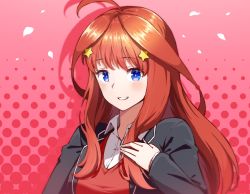 Rule 34 | 1girl, ahoge, black jacket, blazer, blue eyes, blush, collared shirt, commentary request, go-toubun no hanayome, hair between eyes, hair ornament, hyoe (hachiechi), jacket, long hair, looking at viewer, nakano itsuki, open clothes, open jacket, polka dot, polka dot background, red background, red hair, red sweater, red sweater vest, school uniform, shirt, smile, solo, star (symbol), star hair ornament, sweater, sweater vest, teeth, upper body, white shirt