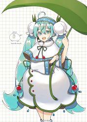 Rule 34 | 1girl, absurdres, ahoge, artist name, blue eyes, blue hair, blue hairband, capelet, cherry, commentary, dress, english commentary, feet out of frame, flower, food, fruit, fur collar, graph paper, hair ornament, hairband, hands up, hatsune miku, headset, highres, holding, holding leaf, leaf, leaf hair ornament, leaf umbrella, long hair, long sleeves, looking at viewer, neck ribbon, open mouth, ribbon, smile, snowdrop (flower), solo, twintails, very long hair, vocaloid, wandu mook, white background, white capelet, white dress, yuki miku, yuki miku (2015)