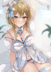 Rule 34 | 1girl, absurdres, alternate costume, animal ears, arm behind head, arm up, babydoll, blonde hair, blurry, blurry background, blurry foreground, blush, breasts, cleavage, collar, commentary, detached collar, ear ornament, fake animal ears, feather boa, flower, genshin impact, grey background, hair flower, hair ornament, highres, leaf, lily (flower), looking at viewer, lumine (genshin impact), maruro, medium breasts, navel, panties, parted lips, pom pom (clothes), rabbit ears, see-through, short hair with long locks, side-tie panties, sidelocks, solo, spaghetti strap, strap slip, string panties, underwear, white babydoll, white collar, white flower, yellow eyes