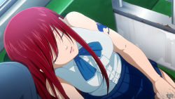 Rule 34 | erza scarlet, fairy tail, highres, red hair, satyarizqy, skirt, sleeping, tattoo, train