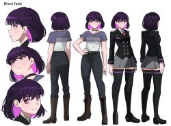Rule 34 | 1girl, boots, character name, character sheet, choker, commentary, english commentary, full body, hand on own hip, highres, jourd4n, knee boots, long sleeves, looking at viewer, miniskirt, minori yume (jourd4n), multicolored hair, necktie, original, pants, purple eyes, purple hair, shirt, short hair, short sleeves, simple background, skirt, smile, solo, standing, t-shirt, thighhighs, two-tone hair, uniform, white background, zettai ryouiki