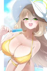 Rule 34 | 1girl, absurdres, bikini, blue archive, blush, breasts, chankuro, cleavage, collarbone, cowboy shot, food, front-tie bikini top, front-tie top, green eyes, green halo, halo, hat, highres, holding, holding food, large breasts, light brown hair, long hair, looking at viewer, nonomi (blue archive), nonomi (swimsuit) (blue archive), official alternate costume, open mouth, popsicle, side-tie bikini bottom, smile, solo, swimsuit, white hat, yellow bikini