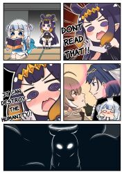 Rule 34 | 4girls, :i, :o, @ @, ^^^, animal ears, black dress, black footwear, black gloves, blue eyes, blue hair, blue hoodie, blue socks, blush, blush stickers, book, brown capelet, brown eyes, brown hair, capelet, chain, chibi, closed mouth, comic, commentary, dress, elbow gloves, english commentary, english text, fins, fish tail, gawr gura, gawr gura (1st costume), gloves, gradient hair, grey gloves, hair between eyes, hair ornament, halo, highres, holding, holding book, hololive, hololive english, hood, hood down, hoodie, long hair, long sleeves, multicolored hair, multiple girls, nanashi mumei, ninomae ina&#039;nis, ninomae ina&#039;nis (1st costume), nose blush, open book, ouro kronii, parted lips, purple eyes, purple hair, rutorifuki, seiza, shark tail, shoes, single glove, sitting, socks, standing, steam, strapless, strapless dress, streaked hair, tail, tears, tentacles, two side up, very long hair, virtual youtuber, wavy mouth, white footwear, wide sleeves, yuri