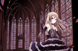 Rule 34 | 1girl, architecture, blonde hair, church, elbow gloves, gloves, goth fashion, gothic architecture, gothic lolita, katase yuu, lolita fashion, original, petals, solo, stained glass, trefoil, twintails
