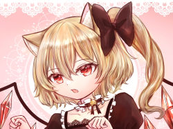 Rule 34 | 1girl, alternate costume, animal ear fluff, animal ears, bell, blonde hair, cat ears, collarbone, commentary request, crystal, fang, flandre scarlet, hair between eyes, highres, jingle bell, medium hair, multicolored wings, no headwear, open mouth, pasumaro, pink background, red eyes, side ponytail, solo, touhou, wings