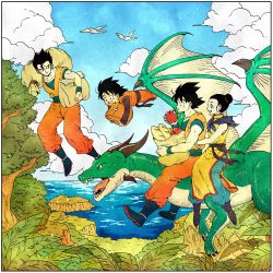 Rule 34 | 1girl, 3boys, :d, animal, apple, arms around waist, bad id, bad twitter id, bare arms, bare shoulders, bird, black eyes, black hair, blue footwear, blue sky, boots, border, bracelet, bread, brothers, bush, carrying, carrying over shoulder, carrying under arm, chewing, chi-chi (dragon ball), child, china dress, chinese clothes, cloud, cloudy sky, couple, day, dot nose, dougi, dragon, dragon ball, dragon riding, dragonball z, dress, earrings, eating, family, father and son, flying, food, forest, fruit, full body, grass, hair bun, happy, hetero, highres, jewelry, leaf, long sleeves, looking afar, looking at another, looking back, messy hair, mother and son, multiple boys, nature, neckerchief, ocean, open mouth, outdoors, profile, purple neckerchief, riding, sharp teeth, siblings, side slit, single hair bun, sitting, sky, sleeveless, sleeveless dress, smile, son gohan, son goku, son goten, teeth, toritoki (trig tkdb), tree, upper teeth only, water, white border, wristband, yellow dress