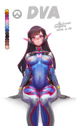 Rule 34 | 1girl, absurdres, blush, bodysuit, breasts, brown eyes, brown hair, covered erect nipples, covered navel, d.va (overwatch), dated, facial mark, gloves, gorgeous mushroom, headphones, highres, long hair, looking at viewer, overwatch, overwatch 1, pilot suit, see-through, signature, sitting, solo, swept bangs, whisker markings, white gloves