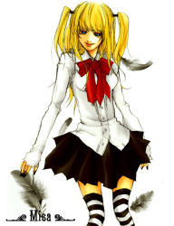 Rule 34 | 00s, 1girl, amane misa, blonde hair, blue eyes, death note, feathers, goth fashion, haruurara, long hair, skirt, solo, striped clothes, striped thighhighs, thighhighs, twintails, two side up