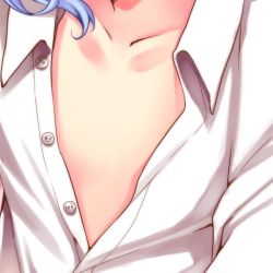 Rule 34 | 1girl, bad id, bad pixiv id, blue hair, child, close-up, collarbone, dress shirt, female focus, flat chest, head out of frame, irori, open clothes, open shirt, remilia scarlet, shirt, solo, touhou