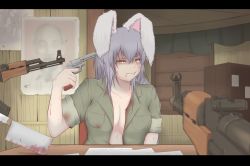 Rule 34 | 1girl, ak-47, alex mason, alternate costume, animal ears, assault rifle, blood, blood stain, blue hair, breast pocket, breasts, butcher knife, call of duty, call of duty: black ops, center opening, cleavage, cleaver, clenched teeth, commentary request, cube85, finger on trigger, gun, gun to head, handgun, ho chi minh, holding, holding gun, holding weapon, kalashnikov rifle, large breasts, letterboxed, long hair, looking at viewer, michael vronsky, military, military uniform, open clothes, open shirt, orange eyes, parody, parted lips, pocket, pointing, pointing at self, poster (object), prisoner, rabbit ears, reisen udongein inaba, revolver, rifle, russian roulette, scowl, shaded face, shirt, suicide, table, teeth, the deer hunter, the deer hunter (movie), touhou, uniform, upper body, weapon