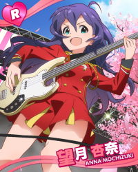 Rule 34 | &gt;:d, 10s, 1girl, :d, ahoge, aqua eyes, blue hair, character name, cherry blossoms, guitar, heart, idolmaster, idolmaster million live!, instrument, long hair, looking at viewer, mochizuki anna, official art, open mouth, skirt, smile, v-shaped eyebrows