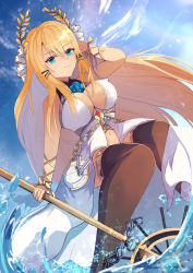 Rule 34 | 1girl, azur lane, black thighhighs, blonde hair, blue eyes, blue flower, blue rose, breasts, center opening, chain, commentary request, dress, flower, gold chain, gold trim, hane (feathe02), head wreath, highres, large breasts, laurel crown, long hair, ribbon, rose, sleeveless, sleeveless dress, smile, staff, thighhighs, very long hair, victorious (azur lane), white dress, wrist ribbon